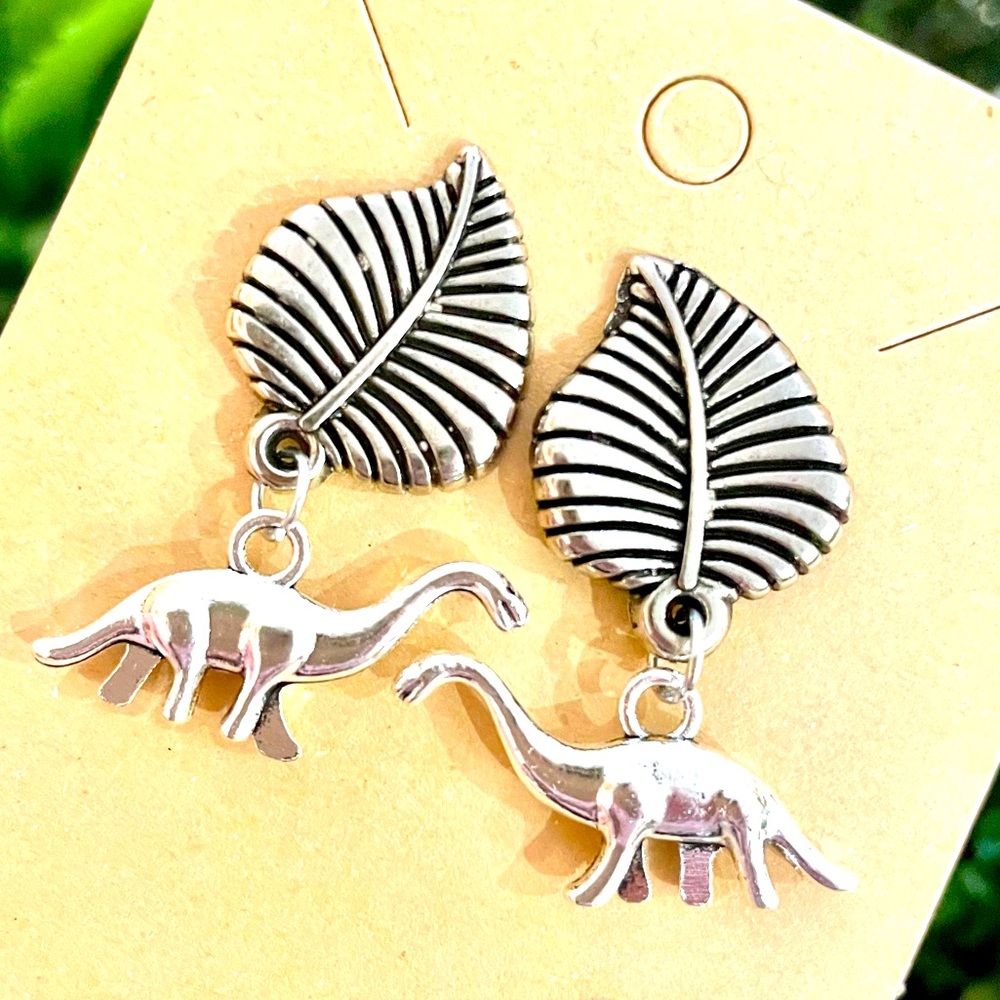 Silver Leaf Dinosaur Earrings